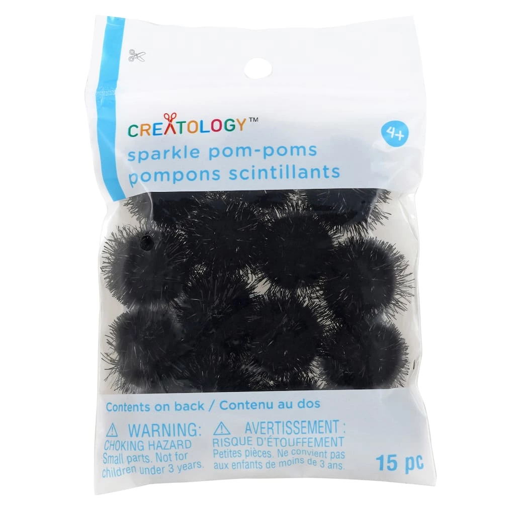 Discount ⌛ 24 Packs: 15 ct. (360 total) 3/4" Black Sparkle Pom Poms by Creatology™ 🎉 3 Discount ⌛ 24 Packs: 15 ct. (360 total) 3/4" Black Sparkle Pom Poms by Creatology™ 🎉